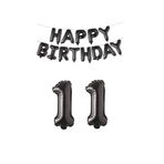 Happy Bırthday Siyah Renk Folyo Balon ve Rakam Seti Yaş 11