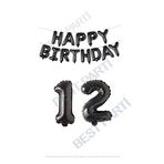 Happy Bırthday Siyah Renk Folyo Balon ve Rakam Seti Yaş 12