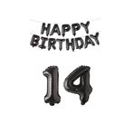 Happy Bırthday Siyah Renk Folyo Balon ve Rakam Seti Yaş 14