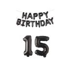 Happy Bırthday Siyah Renk Folyo Balon ve Rakam Seti Yaş 15