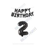 Happy Bırthday Siyah Renk Folyo Balon ve Rakam Seti Yaş 2