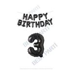 Happy Bırthday Siyah Renk Folyo Balon ve Rakam Seti Yaş 3