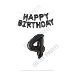Happy Bırthday Siyah Renk Folyo Balon ve Rakam Seti Yaş 4