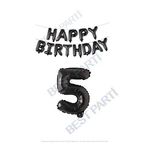 Happy Bırthday Siyah Renk Folyo Balon ve Rakam Seti Yaş 5