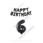 Happy Bırthday Siyah Renk Folyo Balon ve Rakam Seti Yaş 6