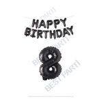Happy Bırthday Siyah Renk Folyo Balon ve Rakam Seti Yaş 8