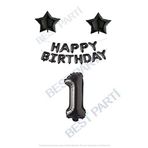 Happy Bırthday Siyah Renk Folyo Balon Yıldız Folyo ve Rakam Seti Yaş 1