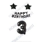 Happy Bırthday Siyah Renk Folyo Balon Yıldız Folyo ve Rakam Seti Yaş 3