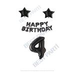 Happy Bırthday Siyah Renk Folyo Balon Yıldız Folyo ve Rakam Seti Yaş 4