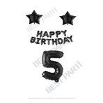 Happy Bırthday Siyah Renk Folyo Balon Yıldız Folyo ve Rakam Seti Yaş 5