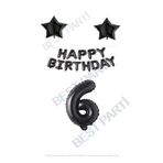 Happy Bırthday Siyah Renk Folyo Balon Yıldız Folyo ve Rakam Seti Yaş 6