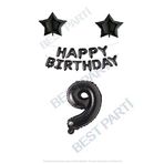 Happy Bırthday Siyah Renk Folyo Balon Yıldız Folyo ve Rakam Seti Yaş 9