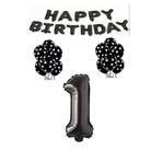 Happy Bırthday,Siyah Rakam Folyo Balon ve Siyah Beyaz Puanlı Balon Seti Yaş 1