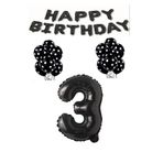 Happy Bırthday,Siyah Rakam Folyo Balon ve Siyah Beyaz Puanlı Balon Seti Yaş 3