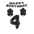 Happy Bırthday,Siyah Rakam Folyo Balon ve Siyah Beyaz Puanlı Balon Seti Yaş 4