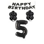 Happy Bırthday,Siyah Rakam Folyo Balon ve Siyah Beyaz Puanlı Balon Seti Yaş 5