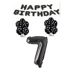Happy Bırthday,Siyah Rakam Folyo Balon ve Siyah Beyaz Puanlı Balon Seti Yaş 7