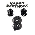Happy Bırthday,Siyah Rakam Folyo Balon ve Siyah Beyaz Puanlı Balon Seti Yaş 8