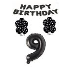 Happy Bırthday,Siyah Rakam Folyo Balon ve Siyah Beyaz Puanlı Balon Seti Yaş 9