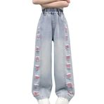 Happy Cherry Kız çocuk kot pantolon, pembe, kırmızı, yırtık bol geniş kot pantolon, çocuk, vintage, kot pantolon, sokak giyimi, rahat pantolon, Pembe yırtık, 130