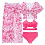 Happy Cherry - Kız çocuk mayosu bikini seti, yüzme, plaj, sörf, mayo modası, tankini yazlık, 4 parçalı mayo seti, UV koruması, kısa kollu, tişört, üst slip, pantolon, 7-15 yaş, Kombinasyon B - Pembe