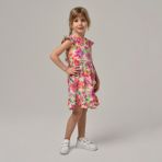 Happy Kids 3-8 Yaş Flower Meram Kız Çocuk Çiçekli Dokuma Elbise -Fuşya - 6 - 7 Yaş