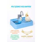 Happy Wings Pet Market Pilli Otomatik Çeşmeli Kuş Duşu Ve Banyosu Oyun Alanı Yem Ve Daldarı Slotlu Mavi