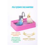 Happy Wings Pet Market Pilli Otomatik Çeşmeli Kuş Duşu Ve Banyosu Oyun Alanı Yem Ve Daldarı Slotlu Pembe