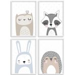 HappyArts Çocuk Odası Resimleri A4 Poster 4'lü Set Dekoratif Kız Çocuk Bebek Odası İskandinav Hayvanları Orman Hayvanları Orman Arkadaşlar Baykuş Tavşan Kirpi Rakun Çerçevesiz