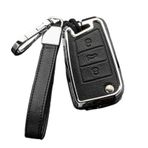Happyit Çinko Alaşım Deri Araba Anahtarı Kapak Kılıfları VW Golf 5 7 Sportsvan GTI MK7 Skoda Octavia A7 3 Düğmeler (Siyah+Gümüş)
