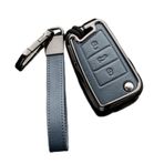 Happyit Çinko Alaşımlı Deri Araba Anahtarı Kılıfları VW Golf 5 7 Sportsvan GTI MK7 Skoda Octavia A7 için 3 Tuşlu (Mavi + Gri)