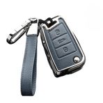 Happyit Çinko Alaşımlı Deri Araba Anahtarı Kılıfları VW Golf 5 7 Sportsvan GTI MK7 Skoda Octavia A7 için 3 Tuşlu (Mavi + Gümüş)