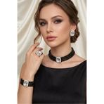 Happyline Baget Taşlı Siyah İncili Choker Set Takım, Siyah Cam İncili Kolye GümüşTaşlı Tasma Kolye Takım, Gümüş Kaplama Tasarım Set Küpe, Kolye, Yüzük, Bileklik , Abiye Takı,