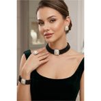Happyline Baget Taşlı Siyah İncili Choker Set Takım, Siyah Cam İncili Kolye Taşlı Tasma Kolye Takım, Gümüş Kaplama Tasarım Set Küpe, Kolye, Yüzük, Bileklik , Abiye Takı,