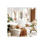 Harika bir ev |Krem-Kahverengi Minimalist Bohem Yaprak Seti |Çerçeveli Cam Tablo 3Lü Dikey,Gold 40 x 60