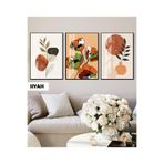 Harika bir ev |Turuncu-Ekru Çiçek Desenli Bohem Kombini |Çerçeveli Cam Tablo 3Lü Dikey,Siyah 40 x 60