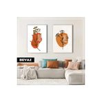 Harika bir ev |Turuncu Renk Bohem Çiçek Kombini 02|Çerçeveli Cam Tablo 2Li Dikey,Beyaz 40 x 60