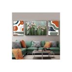 Harika bir ev |Yeşil-Turuncu Abstract Çiçek Kombini 01 |Çerçeveli Temperli Cam Tablo 3Lü Yatay,Gümüş 60 x 190