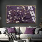 Harikabirev Mürdüm - Gri Çiçekli Dallar Modeli Çerçeveli Temperli Cam Tablo Tekli Yatay