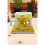 Harikapoli Kediler ve Sanat/van Gogh Set 9 - Vase With Fifteen Sunflowers (Onbeş Ayçiçekli Vazo) T Kulplu Fincan Kupa-Taş Bardak Altlığı 10 - Karışık İşleme