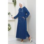 Harma Time Butik Kadın Cepli Düğmeli Kapüşonlu Denim Koyu Mavi Trençkot - 46