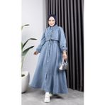 Harman Butik Kadın Belden Lastikli Gömlek Elbise Gri Denim Düz Kalıp Uzun Kol - Mavi - 38