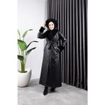 Harman Butik Kadın Yakası Görünümlü Astarlı Deri Uzun Trençkot - Siyah - 48