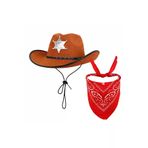 HarmonyAura SMR-E101-G066 Çocuk Kovboy Şapka Rozetli Kahverengi & Kırmızı Bandana Seti