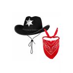 HarmonyAura SMR-E179-G066 Çocuk Kovboy Şapka Rozetli Siyah & Kırmızı Bandana Seti