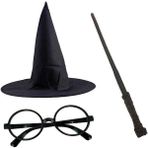 Harry Potter Siyah Şapkası Harry Potter Gözlüğü Harry Potter Asası 3 Lü Set Pop