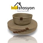 Hasır Amerikan Servisi Supla Örme Bambu Kalite Runner 6 Adet Tabak Altlığı+Sepet Dikişli Handmade