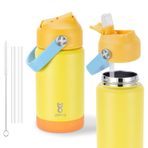 Hasır Kapaklı ve Silikon Saplı Çocuk Yalıtımlı Su Şişesi, 12oz Okul Erkek Kız Çocukları için Sızdırmaz Su Şişesi, Kaymaz Silikon Tabanlı Çift Duvar Vakumlu Paslanmaz Çelik (Sarı)