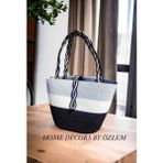 Hasır Omuz Çantası Plaj Çantası Günlük Çanta Handmade - Bebe Mavisi - Siyah