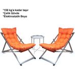 Hastunç Minderli - Maora Şezlong Seti Bahçe&balkon&teras&plaj Katlanır Ikili Set - 2 Şezlong 1 Sehpa - Turuncu